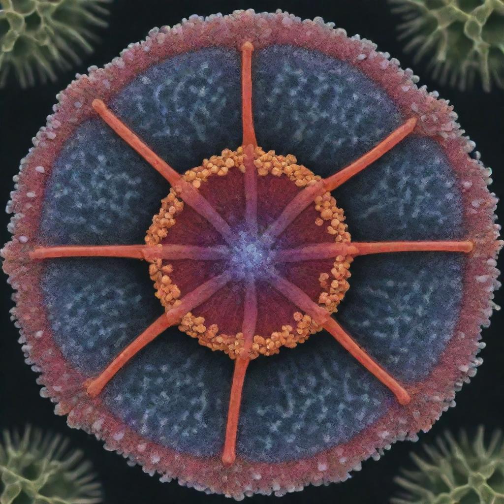 Illustrate a zoomed-in, microscopic view of a granule of complex fertilizer, showing a kaleidoscope of micronutrients like boron, zinc, and molybdenum, essential for plant growth, intertwined in a scientific and beautiful dance.