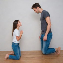 A young adult male humbly kneeling in front of a taller girl