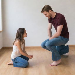 A young adult male humbly kneeling in front of a taller girl