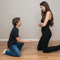 A young adult male humbly kneeling in front of a taller girl