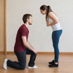 A young adult male humbly kneeling in front of a taller girl