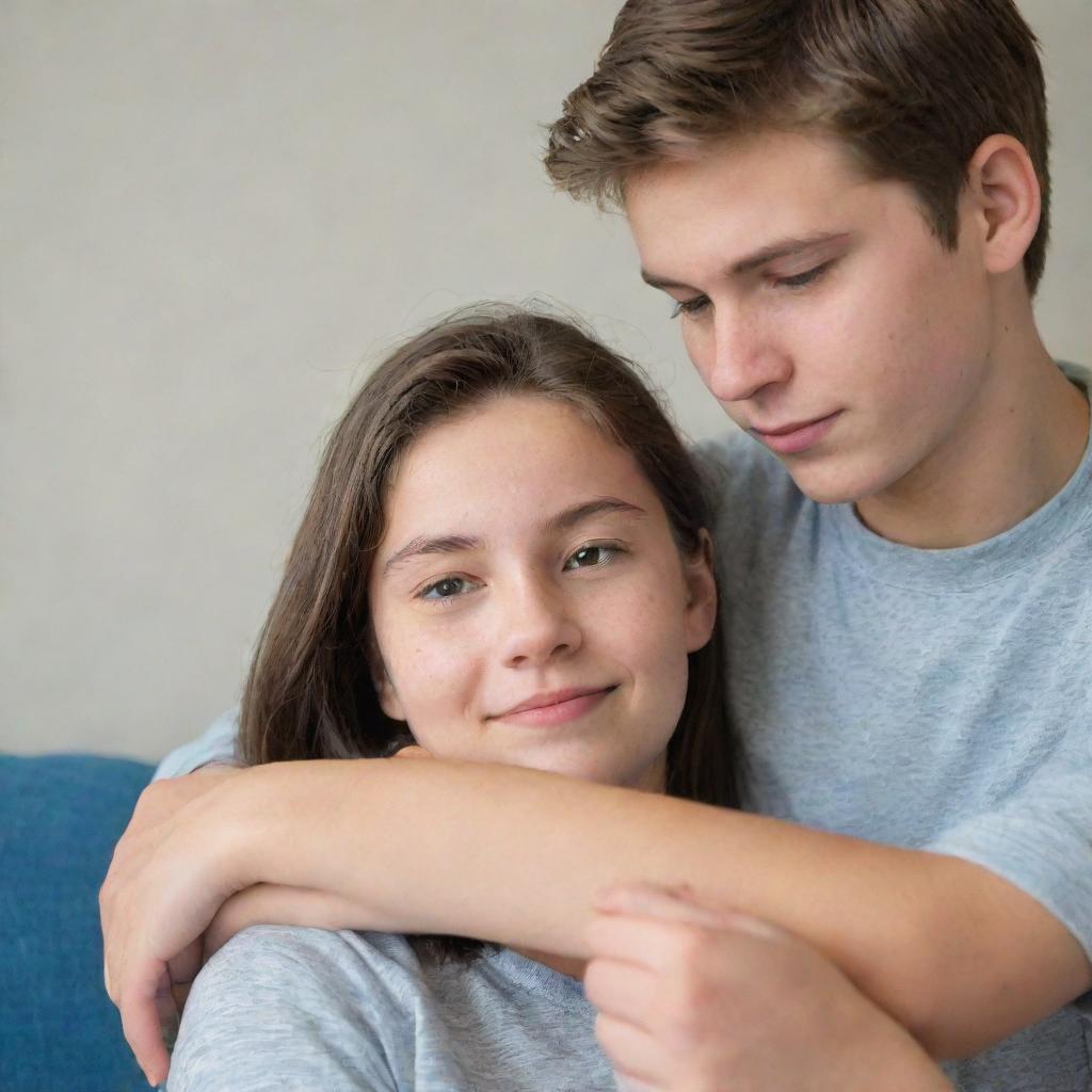 A young adult woman confidently resting her hand on a boy's shoulder