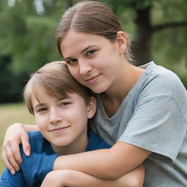 A young adult woman confidently resting her hand on a boy's shoulder