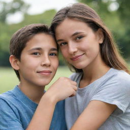 A young adult woman confidently resting her hand on a boy's shoulder