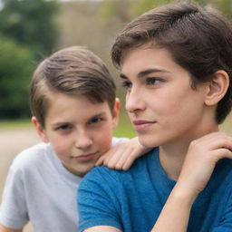 A young adult woman confidently resting her hand on a boy's shoulder