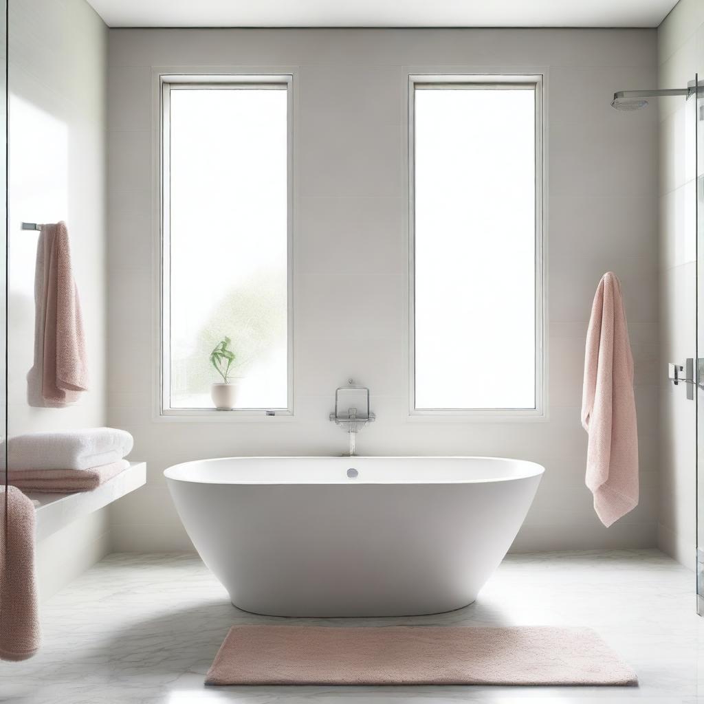 A modern minimalist bathroom featuring a bathtub, a marble table, and pastel-colored towels rolled up