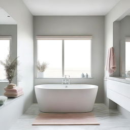 A modern minimalist bathroom featuring a bathtub, a marble table, and pastel-colored towels rolled up