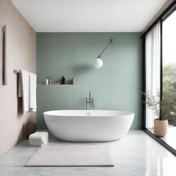 A modern minimalist bathroom featuring a bathtub, a marble table, and pastel-colored towels rolled up