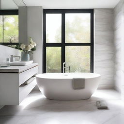 A modern minimalist bathroom featuring a bathtub, a marble table, and pastel-colored towels rolled up