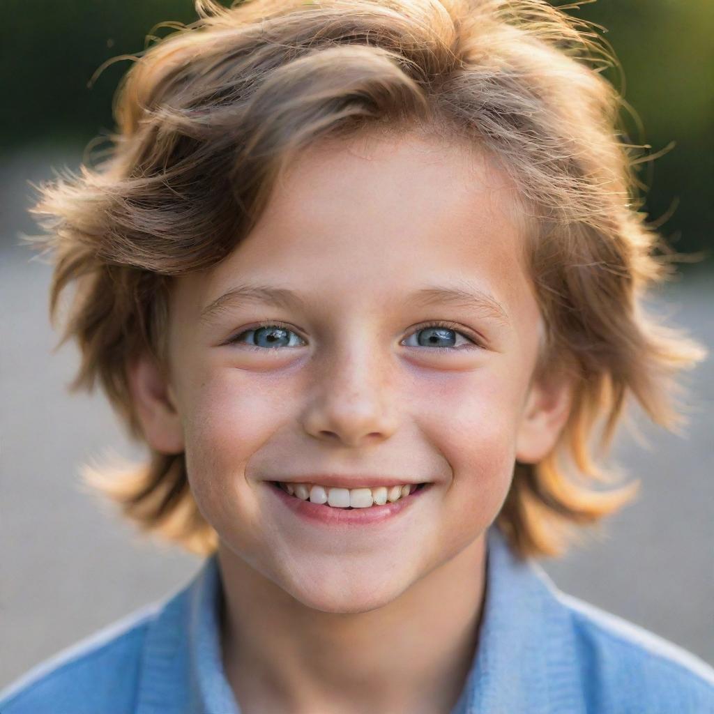 Portrait of a charming boy with radiant eyes, soft hair, and a glowing smile, radiating joy and innocence.