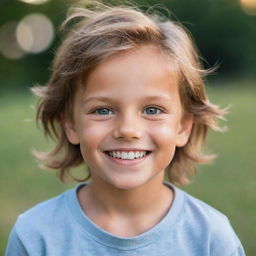 Portrait of a charming boy with radiant eyes, soft hair, and a glowing smile, radiating joy and innocence.