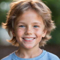 Portrait of a charming boy with radiant eyes, soft hair, and a glowing smile, radiating joy and innocence.