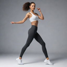 A 3D render of a woman wearing leggings in an energetic pose.