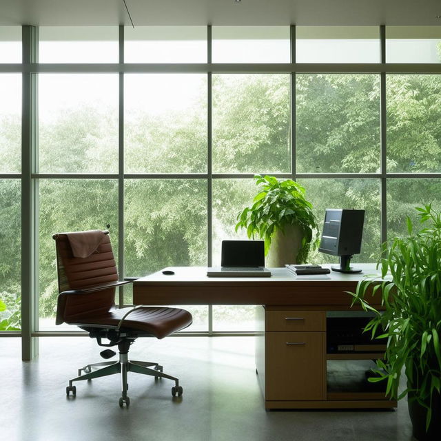 A modern, well-organized office space with glass walls, a sleek wooden desk with a desktop computer, ergonomic chair, bookshelves filled with books, indoor plants for a touch of green and large windows allowing plenty of natural light.