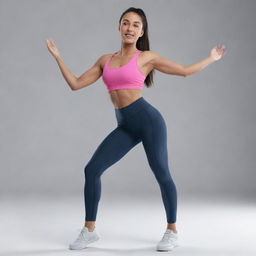 A 3D render of a woman wearing leggings in an energetic pose.