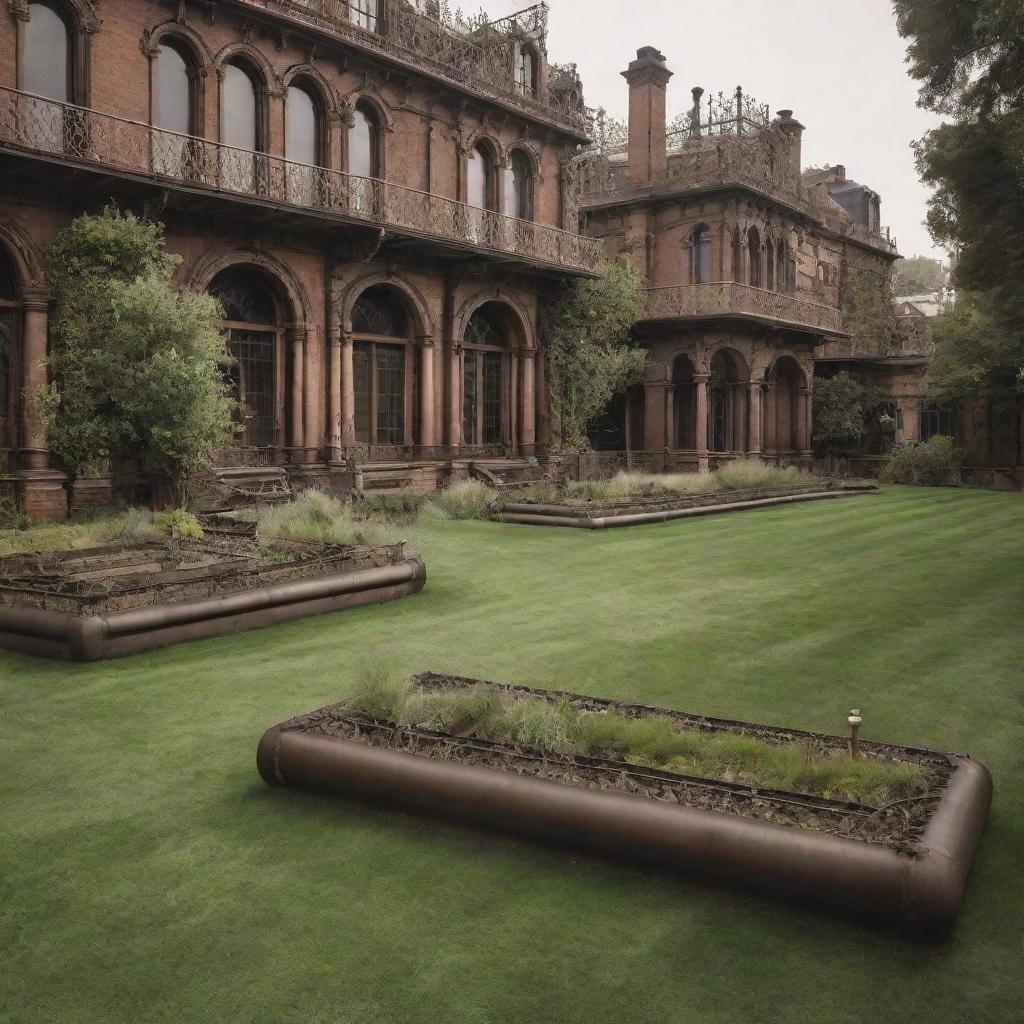 Grass in a steampunk city: manicured lawns surrounded by Victorian-era ironwork, occasionally tinted sepia or bronze-colored to match the city's 19th-century industrial aesthetic