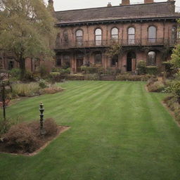 Grass in a steampunk city: manicured lawns surrounded by Victorian-era ironwork, occasionally tinted sepia or bronze-colored to match the city's 19th-century industrial aesthetic