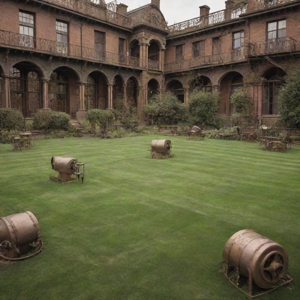 Grass in a steampunk city: manicured lawns surrounded by Victorian-era ironwork, occasionally tinted sepia or bronze-colored to match the city's 19th-century industrial aesthetic