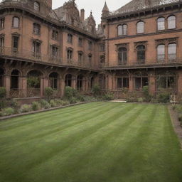 Grass in a steampunk city: manicured lawns surrounded by Victorian-era ironwork, occasionally tinted sepia or bronze-colored to match the city's 19th-century industrial aesthetic