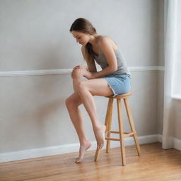 A young adult woman casually placing her leg on a stool