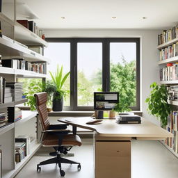 A modern, well-organized office space with glass walls, a sleek wooden desk with a desktop computer, ergonomic chair, bookshelves filled with books, indoor plants for a touch of green and large windows allowing plenty of natural light.