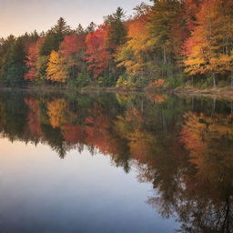 A serene landscape of a sunset over a peaceful lake surrounded by trees in autumn.