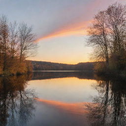 A serene landscape of a sunset over a peaceful lake surrounded by trees in autumn.