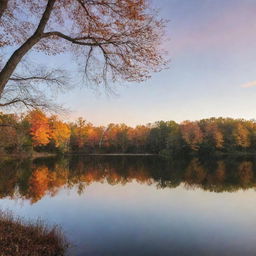 A serene landscape of a sunset over a peaceful lake surrounded by trees in autumn.