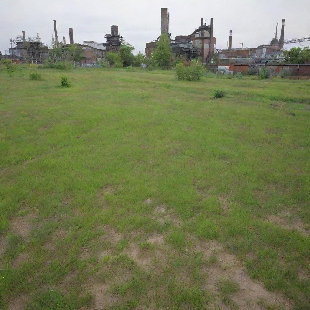 Grass in a Gaspunk city: sparse, resilient patches thriving around the industrial facilities, often taking on a slightly faded or dull hue due to the gases and industrial activity