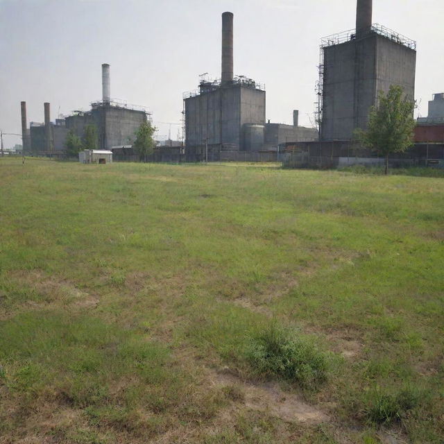 Grass in a Gaspunk city: sparse, resilient patches thriving around the industrial facilities, often taking on a slightly faded or dull hue due to the gases and industrial activity