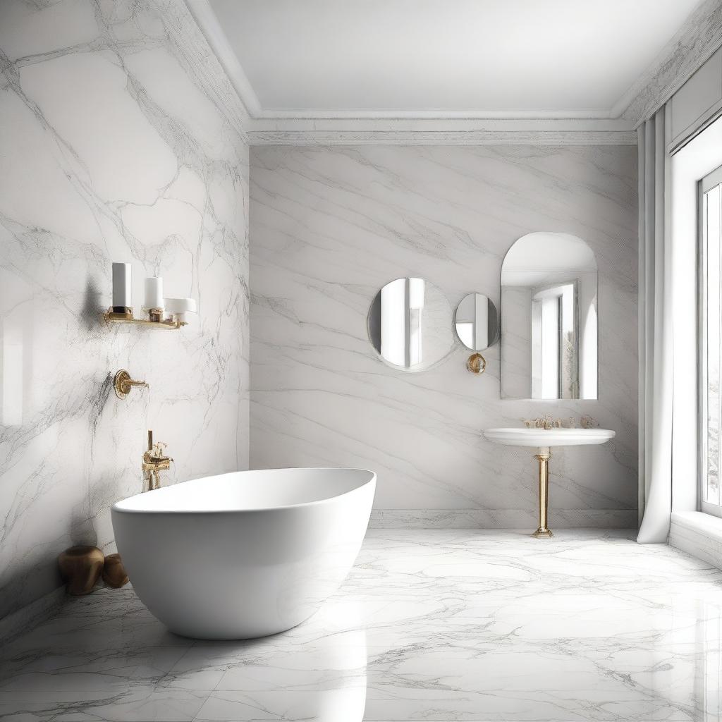 A perspective view of a marble bathroom