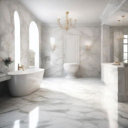 A perspective view of a marble bathroom