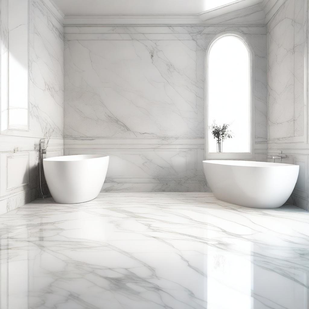 A perspective view of a marble bathroom