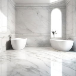 A perspective view of a marble bathroom