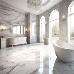 A perspective view of a marble bathroom