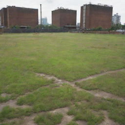 Grass in a Gaspunk city: sparse, resilient patches thriving around the industrial facilities, often taking on a slightly faded or dull hue due to the gases and industrial activity