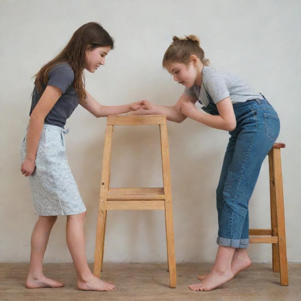 A young adult woman nonchalantly placing her leg on a stool while a boy bows respectfully nearby