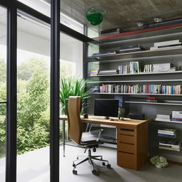 A modern, well-organized office space with glass walls, a sleek wooden desk with a desktop computer, ergonomic chair, bookshelves filled with books, indoor plants for a touch of green and large windows allowing plenty of natural light.