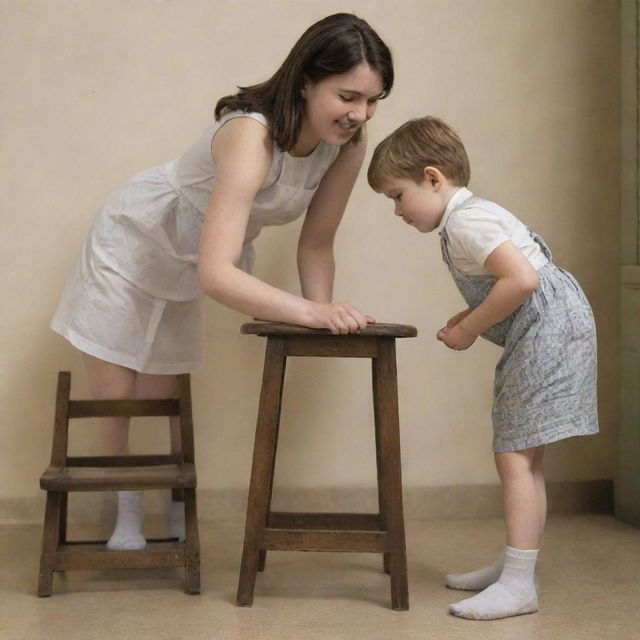 A young adult woman nonchalantly placing her leg on a stool while a boy bows respectfully nearby