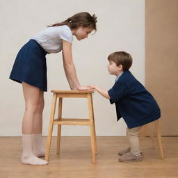 A young adult woman nonchalantly placing her leg on a stool while a boy bows respectfully nearby