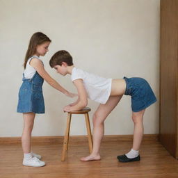 A young adult woman nonchalantly placing her leg on a stool while a boy bows respectfully nearby