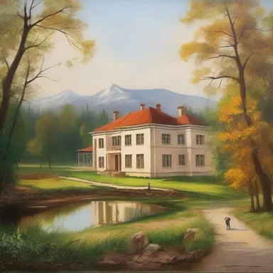 The painting depicts a peaceful scene outside the sanatorium, capturing the beauty of the surrounding nature.