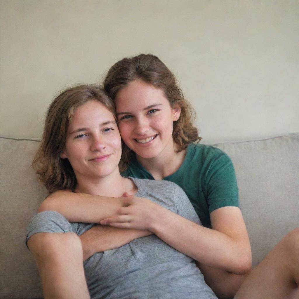 A young adult woman casually resting her feet on a boy's chest in a friendly and playful atmosphere