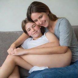 A young adult woman casually resting her feet on a boy's chest in a friendly and playful atmosphere