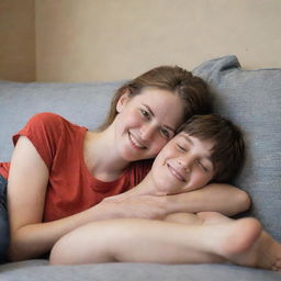 A young adult woman casually resting her feet on a boy's chest in a friendly and playful atmosphere