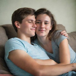 A young adult woman casually resting her feet on a boy's chest in a friendly and playful atmosphere