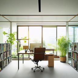 A modern, well-organized office space with glass walls, a sleek wooden desk with a desktop computer, ergonomic chair, bookshelves filled with books, indoor plants for a touch of green and large windows allowing plenty of natural light.