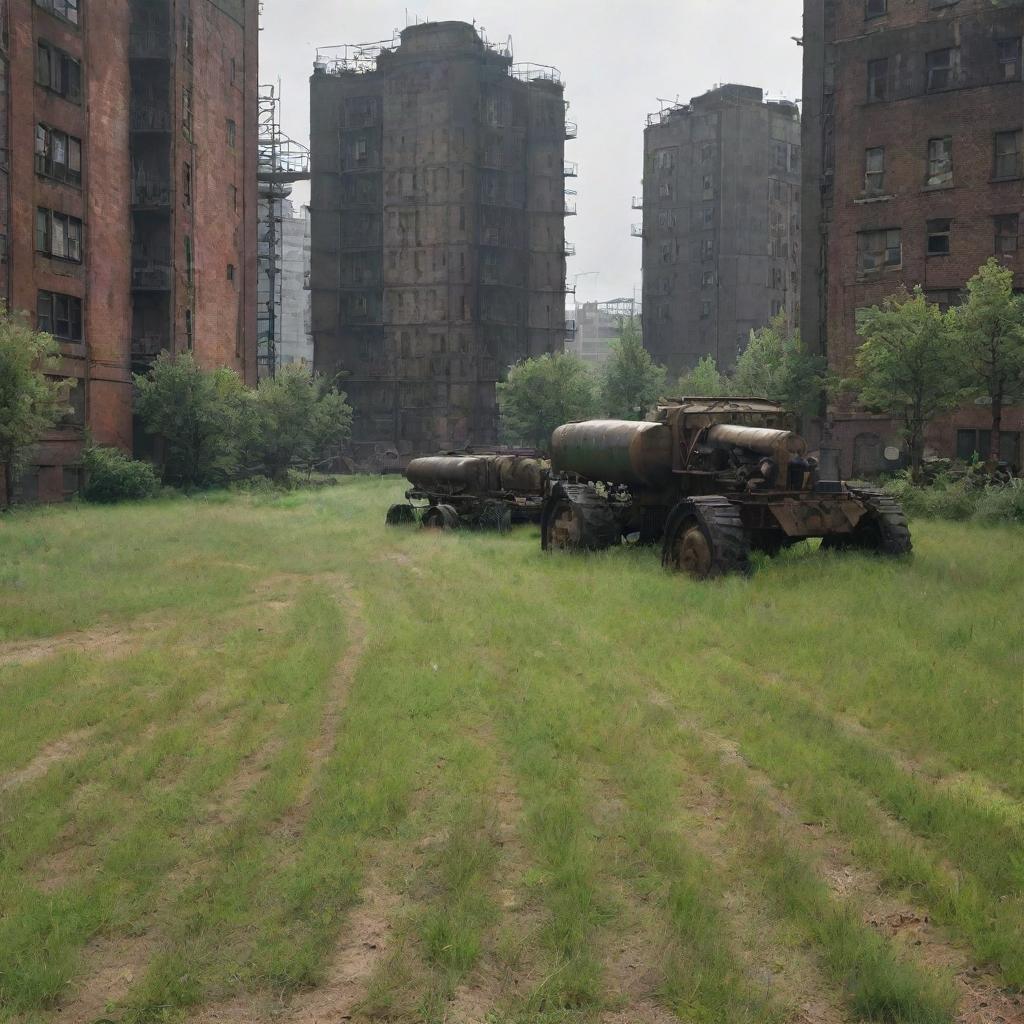 Grass in a Dieselpunk city: resilient, sparse patches amidst diesel-based machinery and structures, often tinged with a grimy hue due to industrial activity and retro-futuristic atmosphere