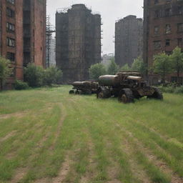 Grass in a Dieselpunk city: resilient, sparse patches amidst diesel-based machinery and structures, often tinged with a grimy hue due to industrial activity and retro-futuristic atmosphere