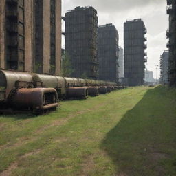 Grass in a Dieselpunk city: resilient, sparse patches amidst diesel-based machinery and structures, often tinged with a grimy hue due to industrial activity and retro-futuristic atmosphere